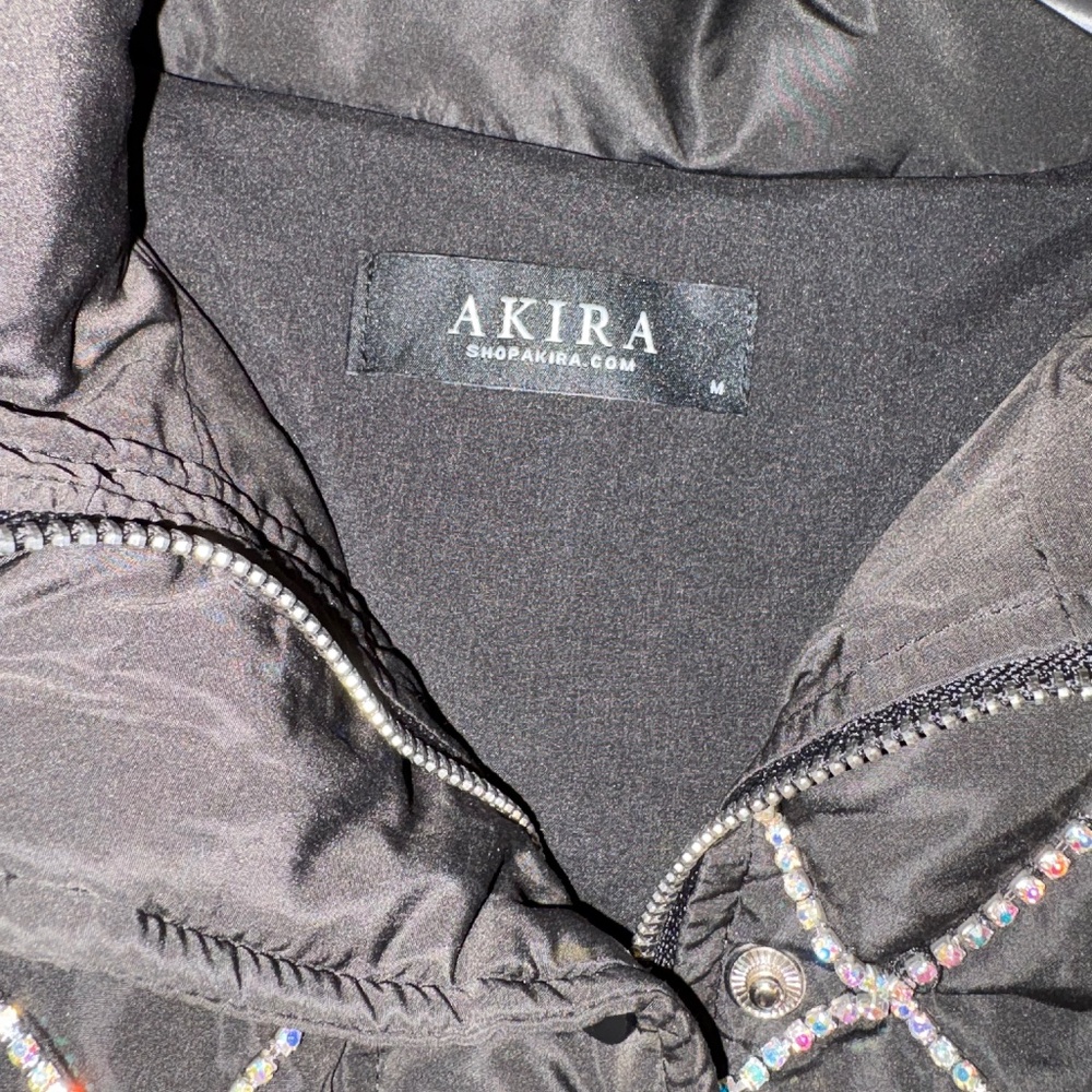 AKIRA Black Cold-Shoulder Puffer Coat With Iridescent Rhinestones Size M - Picture 6 of 16